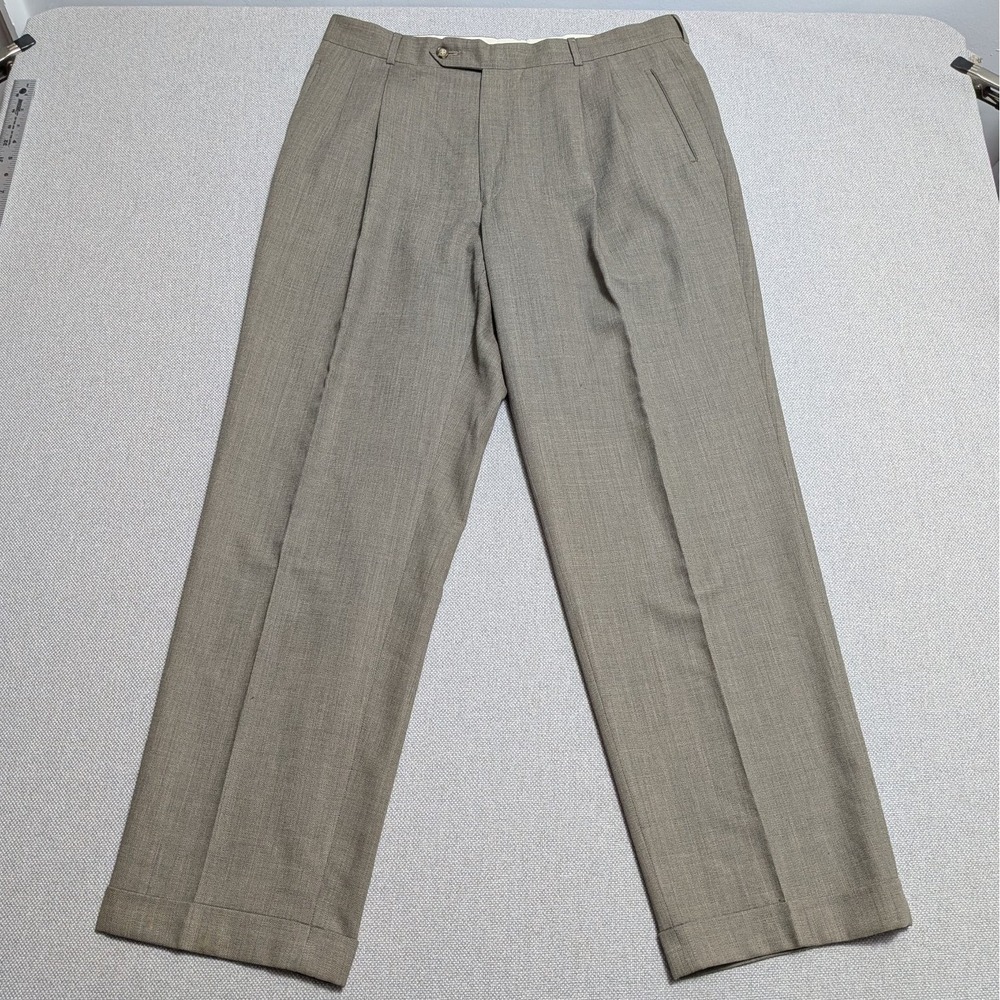 BALLIN Men's Pants Taupe Wool Blend Pleated Cuffed Dress Trousers 36x32